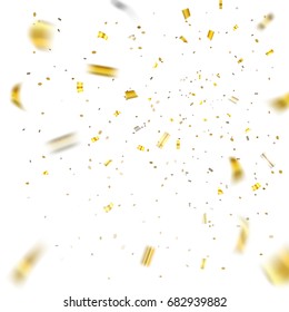 Gold confetti explosion celebration isolated on white background. Falling golden abstract decoration party, birthday celebrate or Christmas, New Year Festival decor Vector illustration