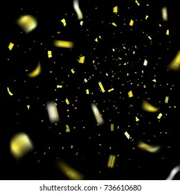Gold confetti explosion celebration isolated on black background. Falling golden confetti. Abstract decoration for party birthday. Celebrate Christmas, New Year confetti Vector illustration