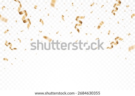 Gold confetti explosion celebration party isolated on a transparent background. Falling golden ribbon for carnival, New Year, birthday and festival. Confetti on white backdrop. Vector illustration