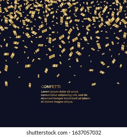 Gold confetti is falling. Abstract background with particles of different sizes. Template for placing text and design elements for the festival and celebration. Vector illustration.