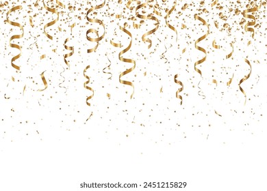 Gold confetti falling background for birthday, anniversary designs. Bright shiny gold confetti for party