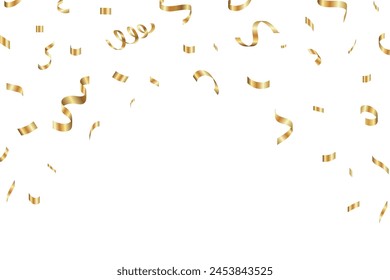 Gold confetti falling background for birthday, anniversary designs. Bright shiny gold confetti for party