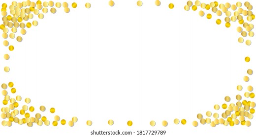 Gold confetti falling, golden shiny tinsel background, realistic metal paper round confetti with shadows, transparent party glitter