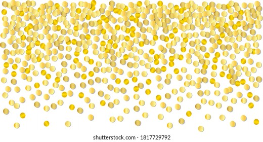 Gold confetti falling, golden shiny tinsel background, realistic metal paper round confetti with shadows, transparent party glitter