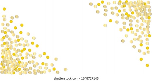 Gold confetti falling, golden shiny tinsel background, realistic metal paper round confetti with shadows, transparent party glitter