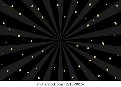 Gold confetti falling on black and gray sunburst background