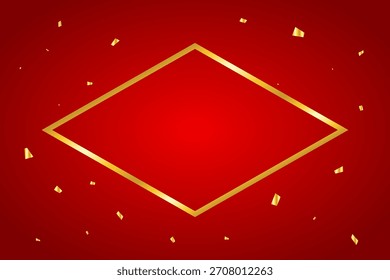 Confeti de oro cayendo sobre fondo rojo con marco. Celebraciones festivas. Ilustración vectorial