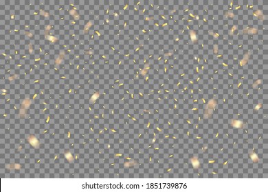 Gold confetti falling on transparent background. Birthday party or Christmas celebration event vector illustration. Realistic shiny golden paper decoration, surprise effect.