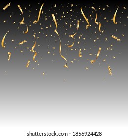 Gold confetti falling on transparent background. Birthday party or Christmas celebration event vector illustration. Realistic shiny golden paper decoration, surprise effect.