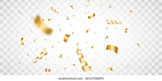 Gold confetti falling on transparent background. Bright golden festive tinsel. Party shiny backdrop. Holiday design elements for web banner, poster, flyer, invitation. Vector illustration.