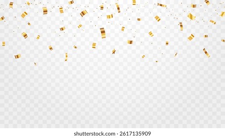 Gold Confetti Falling on Transparent Background, Celebration Festive Decoration Element with Luxury Shine. Holiday, confetti,