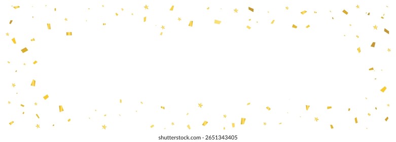 Confeti de oro cayendo sobre fondo blanco para celebraciones festivas. Ilustración vectorial