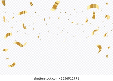 Gold Confetti Falling. Shiny Celebration Party Background with Carnival Ribbons and Sparkles. Celebration carnival ribbons, confetti,