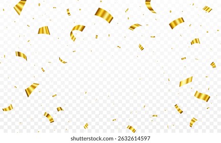Gold confetti. Falling shiny golden confetti isolated. Glittering confetti on a transparent background. Celebration carnival ribbons, confetti,