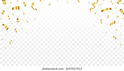 Gold confetti. Falling shiny golden confetti isolated on transparent background. Bright festive tinsel of gold color. Birthday party backdrop. Holiday design elements. Vector illustration