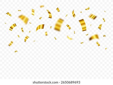 Gold confetti. Falling shiny golden confetti isolated on transparent background. confetti illustration. Holiday, birthday, celebration party, congratulations,