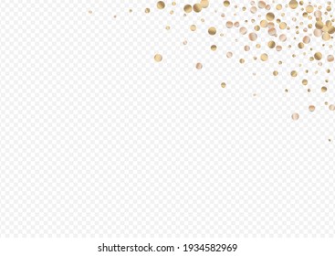 Gold Confetti Falling Transparent Background. Transparent Circle Design. Bronze Dot Light Wallpaper. Sparkle Festive Backdrop.