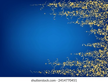 Fondo azul del vector de caída del Confetti dorado. Happy Streamer Template. Rama del Aniversario de la Estrella. Planta Brillante Dorada.