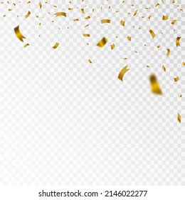 Gold confetti falls. confetti, streamer, tinsel on a transparent background for design and congratulations.Vector	
