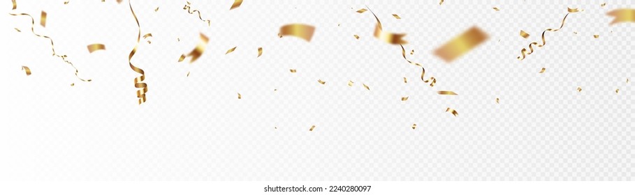 Gold confetti falls. confetti, streamer, tinsel on a transparent background for design and congratulations.Vector	
