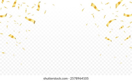 Gold confetti falls. confetti, streamer, tinsel on a transparent background for design and congratulations, vector illustration