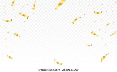 Gold confetti falls. confetti, streamer, tinsel on a transparent background for design and congratulations, vector illustration