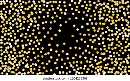 Gold Confetti. Festive Texture with Sparkles on Black Background. Dark Luxury Pattern for Christmas and New Year Decoration, Birthday Invitation, Poster or Greeting Card. Vector Gold Confetti.