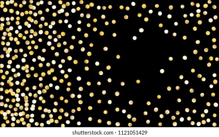 Gold Confetti. Festive Texture with Sparkles on Black Background. Dark Luxury Pattern for Christmas and New Year Decoration, Birthday Invitation, Poster or Greeting Card. Vector Gold Confetti.