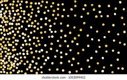 Gold Confetti. Festive Texture with Tinsels on Black Background. Dark Luxury Pattern for Christmas and New Year Decoration, Birthday Invitation, Poster or Greeting Card. Vector Gold Confetti.