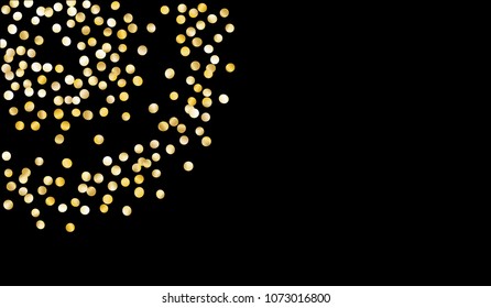 Gold Confetti. Festive Texture with Tinsels on Black Background. Dark Luxury Pattern for Christmas and New Year Decoration, Birthday Invitation, Poster or Greeting Card. Vector Gold Confetti.