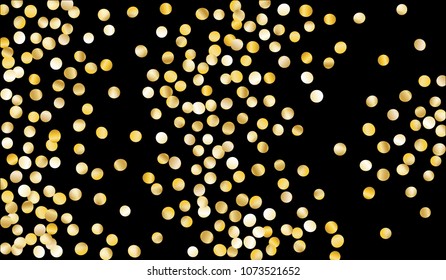Gold Confetti. Festive Texture with Tinsels on Black Background. Dark Luxury Pattern for Christmas and New Year Decoration, Birthday Invitation, Poster or Greeting Card. Vector Gold Confetti.