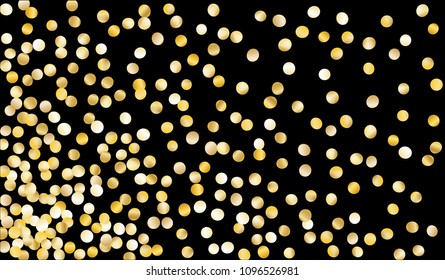 Gold Confetti. Festive Texture with Tinsels on Black Background. Dark Luxury Pattern for Christmas and New Year Decoration, Birthday Invitation, Poster or Greeting Card. Vector Gold Confetti.