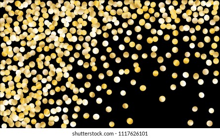 Gold Confetti. Festive Texture with Tinsels on Black Background. Dark Luxury Pattern for Christmas and New Year Decoration, Birthday Invitation, Poster or Greeting Card. Vector Gold Confetti.