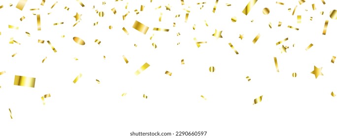 Gold confetti frame. Bright golden festive tinsel. Falling shiny confetti. Celebration banner. Party luxury background. Holiday design elements. Anniversary poster decoration. Vector illustration.