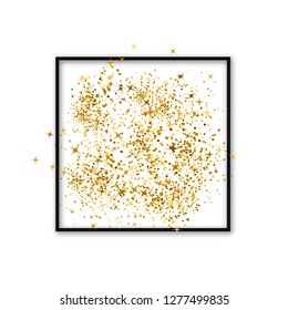 Gold confetti in a frame. Luxury vector background. Golden dust effect. Easy to edit template for invitations, cards, party decorations, wedding stationery etc.