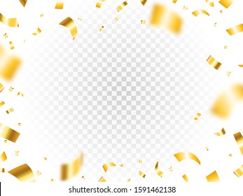 Gold confetti frame on transparent backdrop. Luxury festive tinsel. Falling golden confetti. Realistic flying serpentine. Yellow decoration elements. Vector illustration.