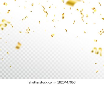 Gold confetti frame on transparent background. Falling shiny golden confetti border. Bright festive tinsel. Party backdrop. Holiday design elements for web banner, poster, flyer. Vector illustration.