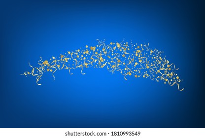 Fondo azul del vector de diversiones Gold Confetti. Ilustración Espiral Resumen. Afiche Aislado De Streamer. Plantilla de caída dorada.