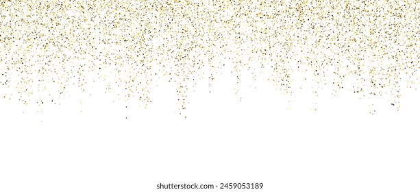 Gold confetti garland on white background. Falling golden glitter and sparkle wallpaper. Yellow shining dots repeating pattern. Magic dust sparkling decoration for Christmas, New Year. Vector backdrop