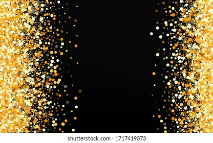 Gold Confetti Glamour Black Background. Festive Rain Pattern. Yellow Sparkle Transparent Wallpaper. Dot Rich Card.