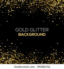 Gold confetti glitter on black background. Abstract gold dust glitter background. Golden explosion of confetti. Golden grainy abstract background. 