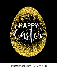 Gold confetti Happy Easter greeting card with egg on black background. Calligraphy lettering design element for greeting cards, banners, posters, invitations, postcards. Vector illustration.