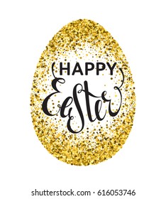 Gold confetti Happy Easter greeting card with egg on white background. Calligraphy lettering design element for greeting cards, banners, posters, invitations, postcards. Vector illustration.