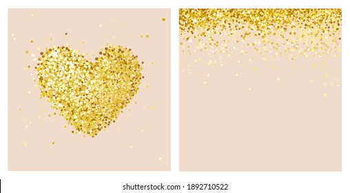 Gold confetti heart. Vector illustration, wedding invitation or postcard for Valentine's Day with shiny elements	