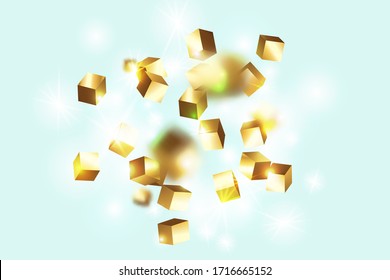 Gold Confetti. Isolated Golden Cube Particles. Birthday Card with Metallic Texture. Vector Square Bokeh. Iridescent Background. Geometric Anniversary Card. Chaotic Confetti Backdrop. Foil Border.