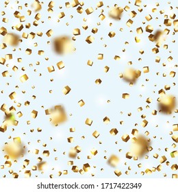 Gold Confetti. Isolated Golden Cube Particles. Geometric Anniversary Card. Chaotic Confetti Backdrop. Foil Border. Vector Square Bokeh. Iridescent Background. Birthday Card with Metallic Texture.