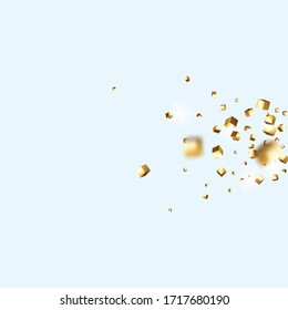 Gold Confetti. Isolated Golden Cube Particles. Birthday Card with Metallic Texture. Geometric Anniversary Card. Vector Square Bokeh. Iridescent Background. Chaotic Confetti Backdrop. Foil Border.