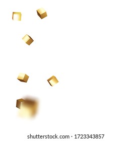 Gold Confetti. Isolated Golden Cube Particles. Birthday Card with Metallic Texture. Vector Square Bokeh. Iridescent Background. Chaotic Confetti Backdrop. Foil Border. Geometric Anniversary Card.
