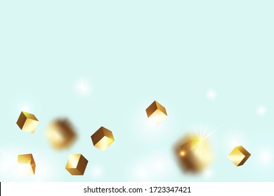 Gold Confetti. Isolated Golden Cube Particles. Vector Square Bokeh. Iridescent Background. Chaotic Confetti Backdrop. Foil Border. Birthday Card with Metallic Texture. Geometric Anniversary Card.