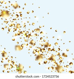 Gold Confetti. Isolated Golden Cube Particles. Chaotic Confetti Backdrop. Foil Border. Geometric Anniversary Card. Vector Square Bokeh. Iridescent Background. Birthday Card with Metallic Texture.